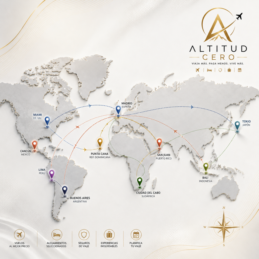 Mapa de rutas aéreas internacionales de Altitud Cero mostrando conexiones hacia el Caribe, América y Asia.