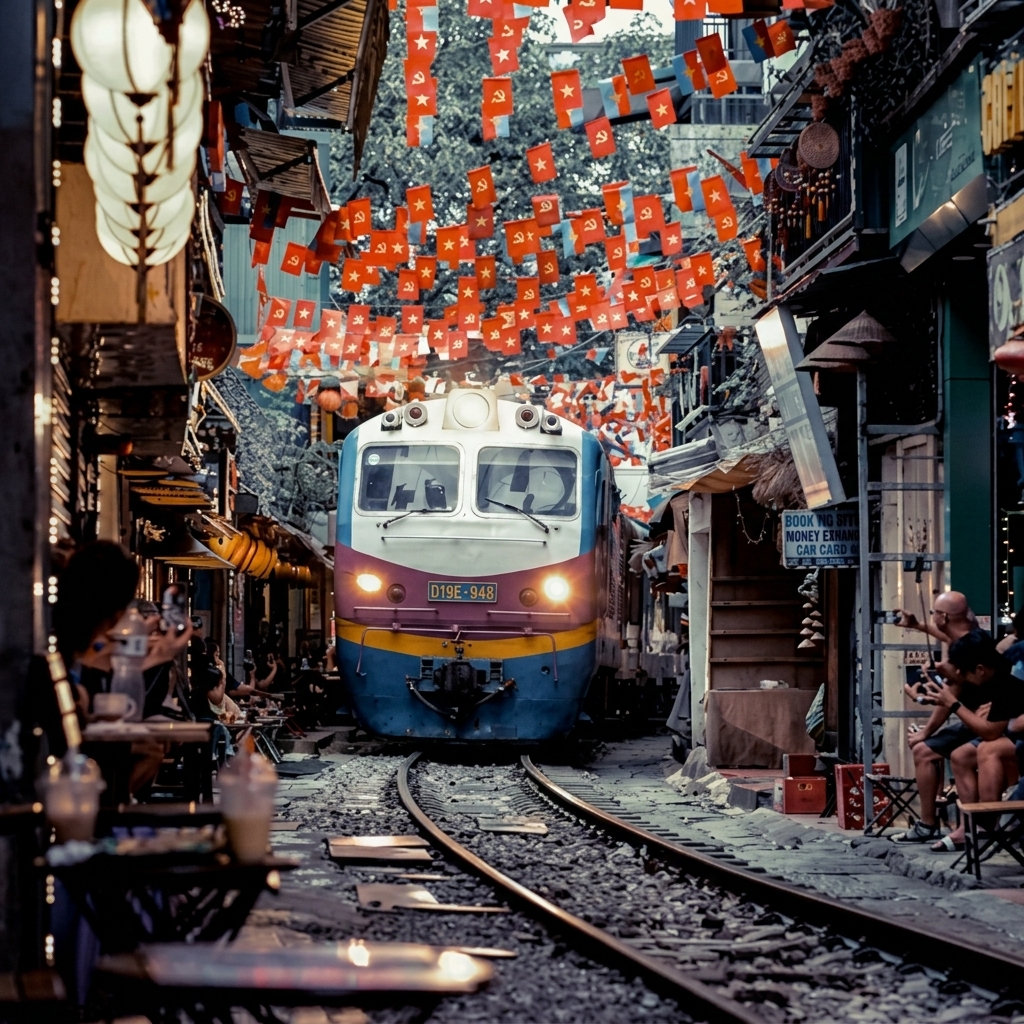 Vías del Tren de la Reunificación cruzando la estrecha calle residencial de Hanói, Vietnam.