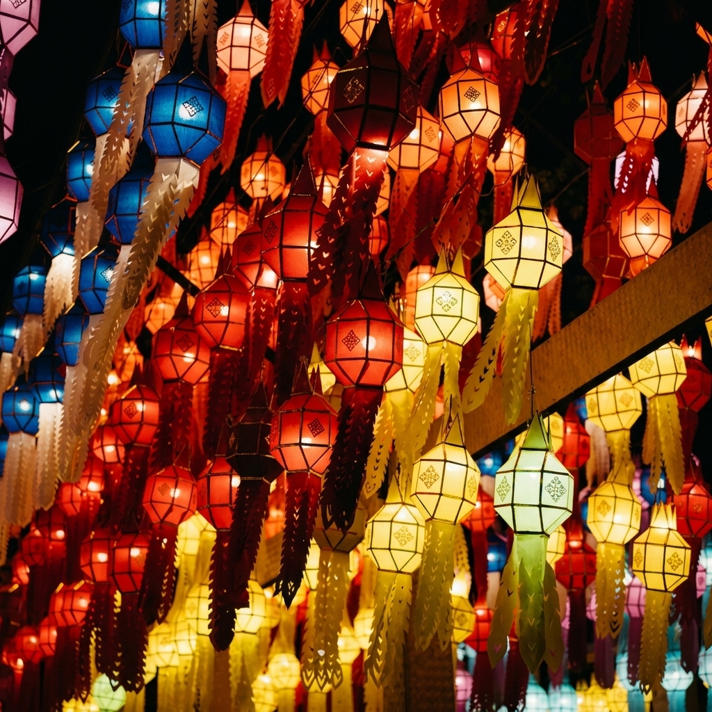 Faroles de seda tradicionales encendidos durante la noche en el casco antiguo de Hoi An, Vietnam.