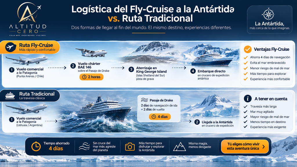 Infografía comparativa: Logística Fly-Cruise Antártida vs Ruta Tradicional. Muestra diagramas de vuelos de conexión a Punta Arenas y Ushuaia, y fotos de barcos.