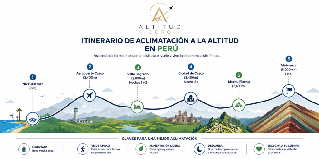 Infografía del itinerario de aclimatación en Perú: secuencia recomendada desde el Valle Sagrado hasta Cusco y Vinicunca.