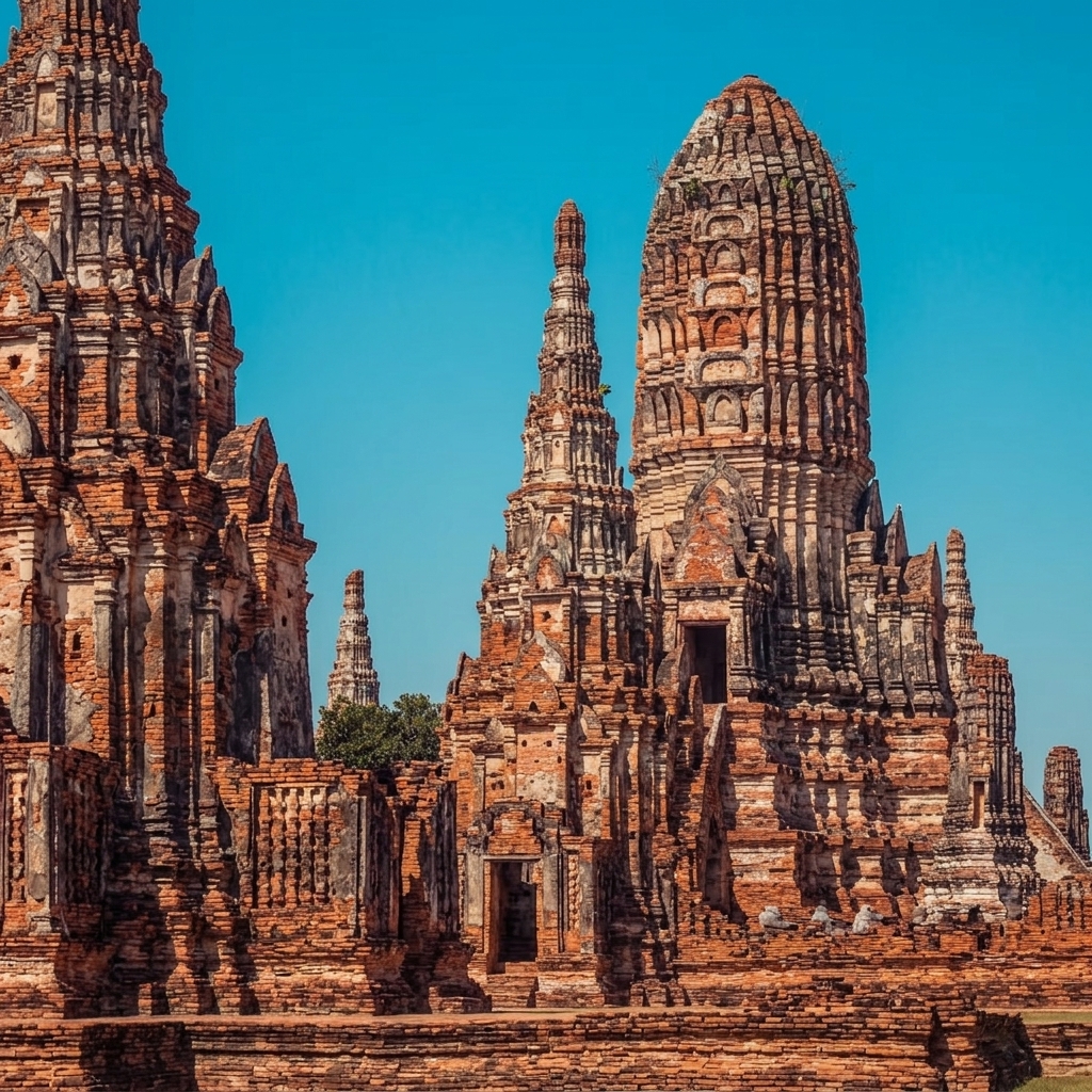 Ruinas de estupas de piedra en el complejo de templos históricos de Ayutthaya, Tailandia.